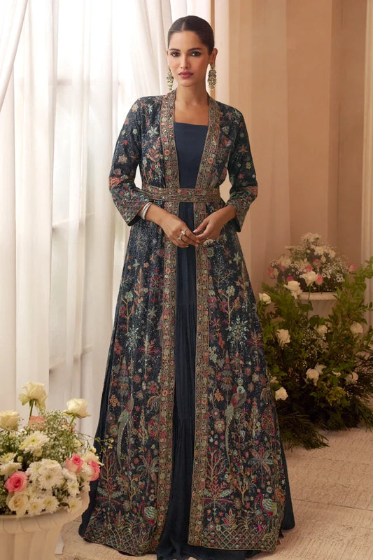 Navy Blue Chinon Embroidered Gown with Shrug