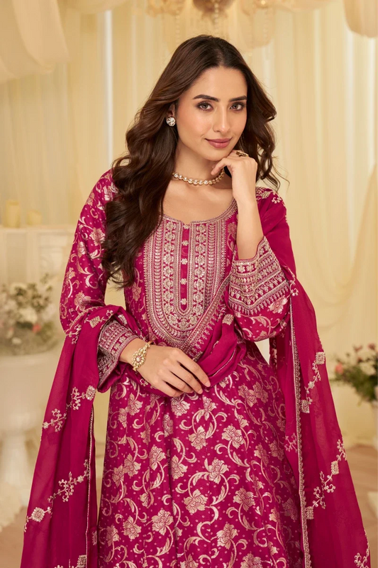 Rani Pink Jacquard Silk Embroidered Anarkali Gown