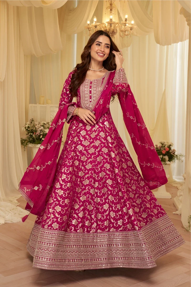 Rani Pink Jacquard Silk Embroidered Anarkali Gown