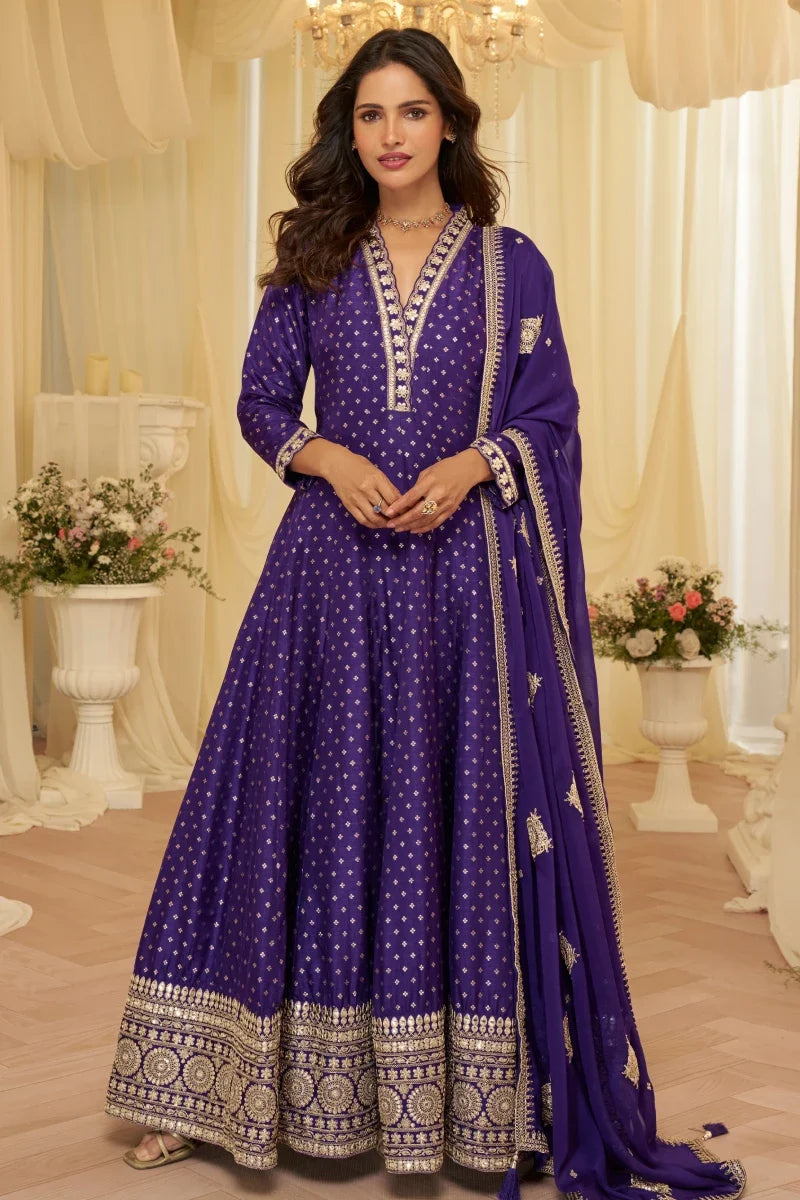 Purple Jacquard Silk Embroidered Anarkali Gown