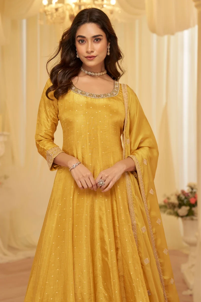 Yellow Jacquard Silk Embroidered Anarkali Gown