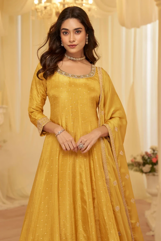 Yellow Jacquard Silk Embroidered Anarkali Gown