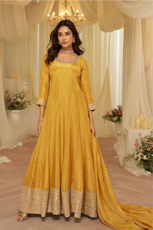 Yellow Jacquard Silk Embroidered Anarkali Gown