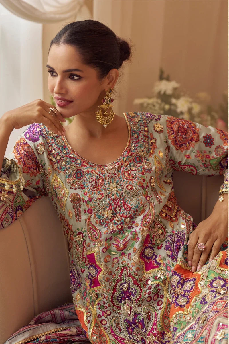 Multicolored Embroidered Crepe Palazzo Suit