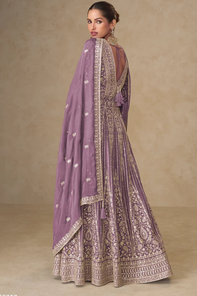 Lavendar Chinon Embroidered Slit Style Anarkali Suit