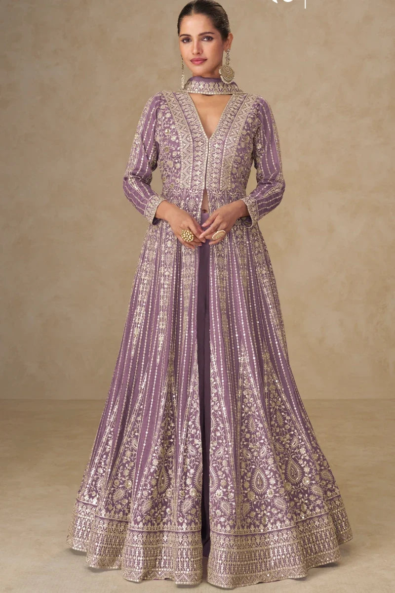 Lavendar Chinon Embroidered Slit Style Anarkali Suit