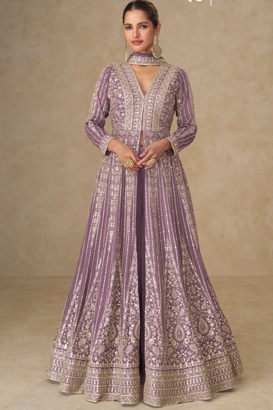 Lavendar Chinon Embroidered Slit Style Anarkali Suit