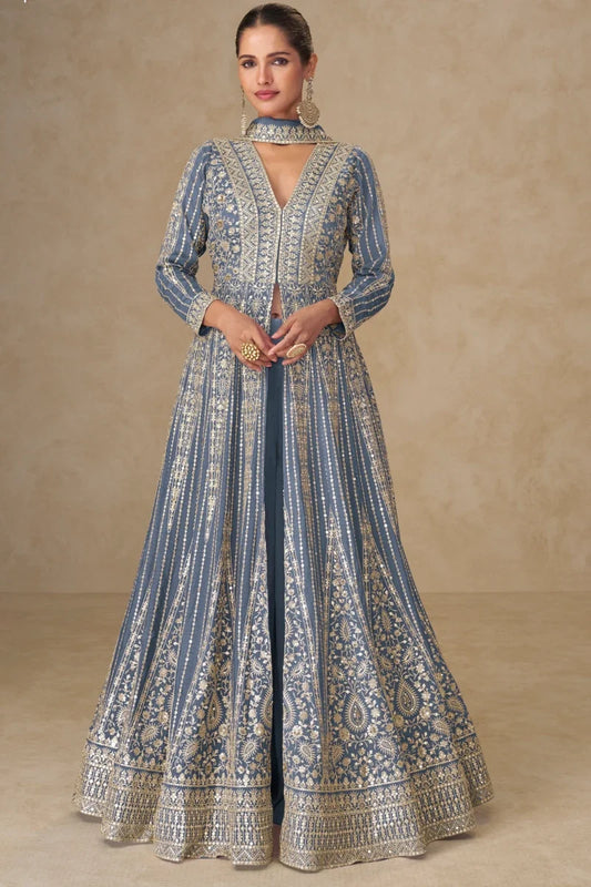 Blue Chinon Embroidered Slit Style Anarkali Suit