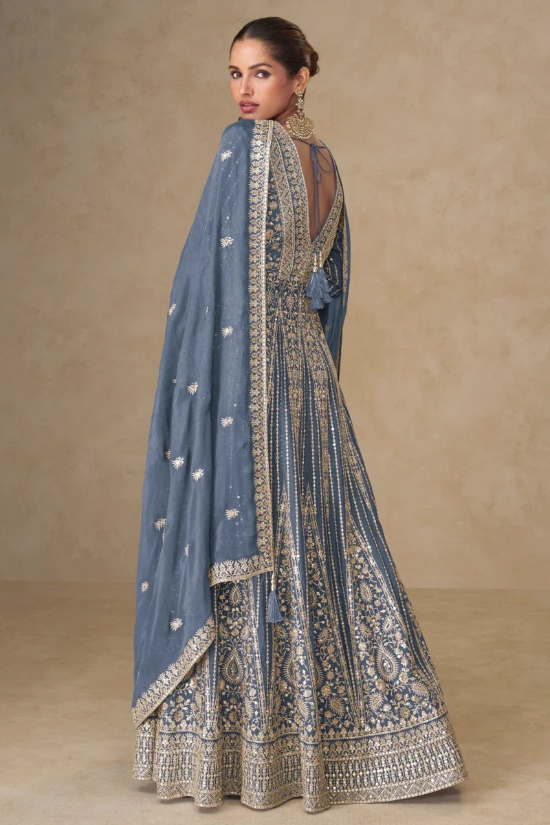 Blue Chinon Embroidered Slit Style Anarkali Suit