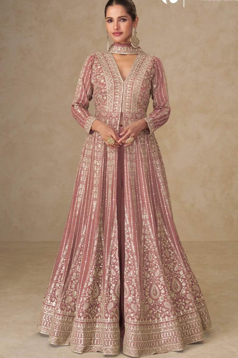 Peach Chinon Embroidered Slit Style Anarkali Suit