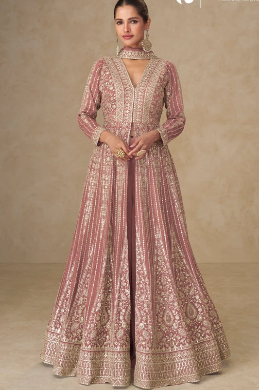 Peach Chinon Embroidered Slit Style Anarkali Suit
