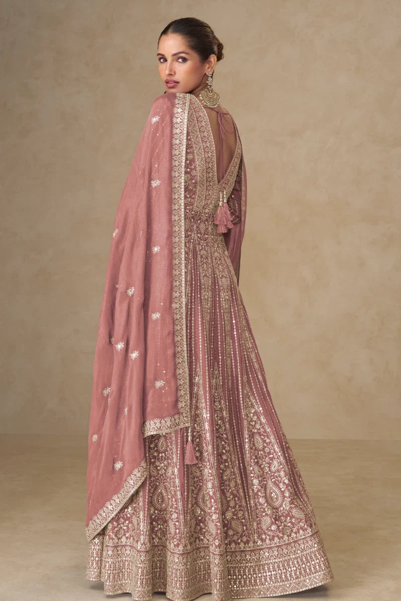 Peach Chinon Embroidered Slit Style Anarkali Suit