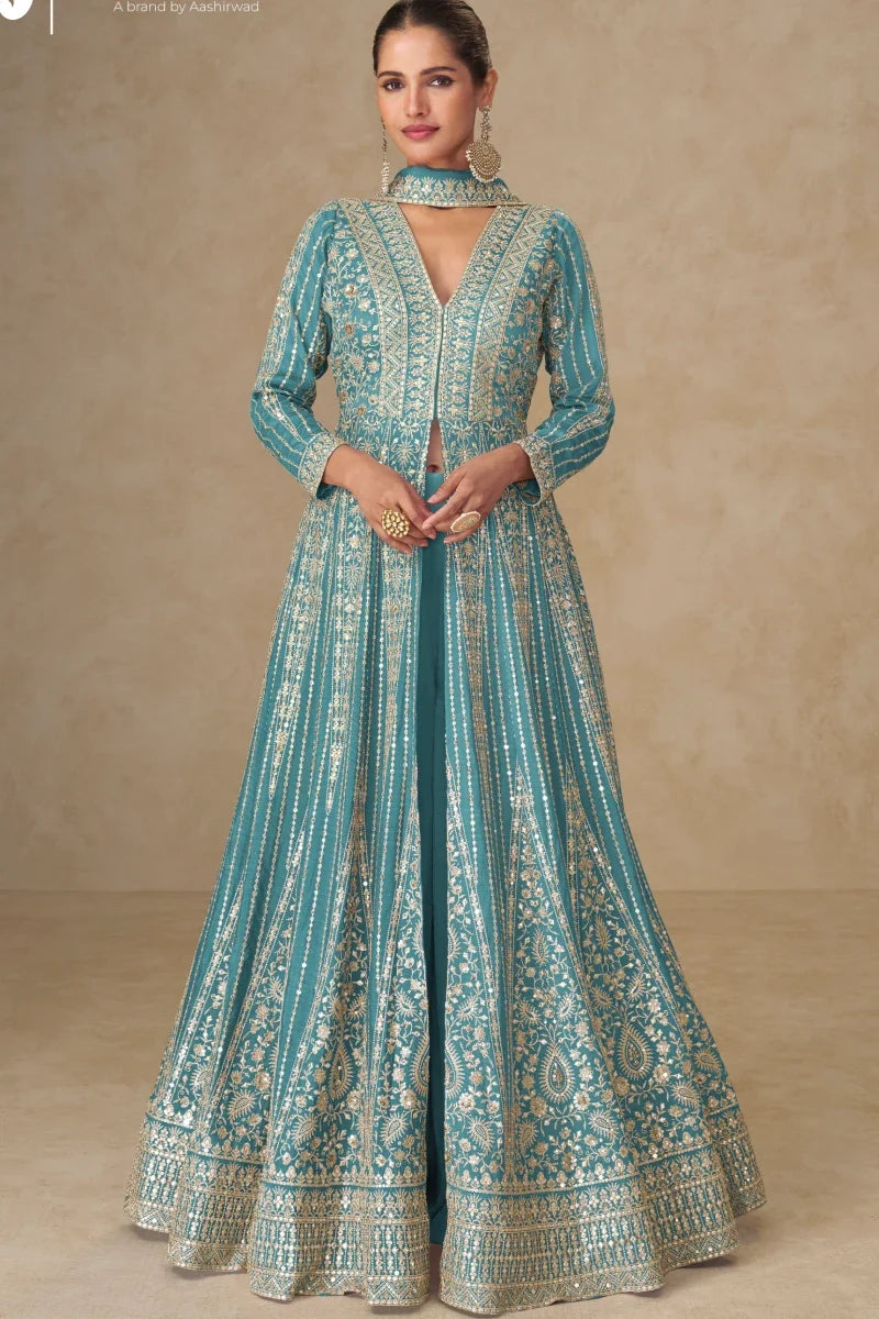 Rama Green Chinon Embroidered Slit Style Anarkali Suit