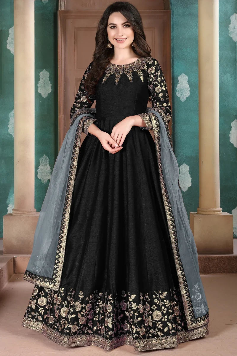 Black Art SIlk Emebroidered Anarkali Gown