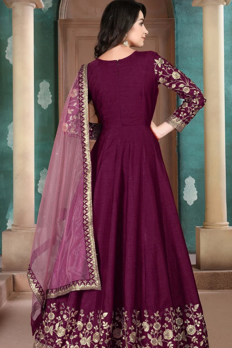 Maroon Art SIlk Emebroidered Anarkali Gown