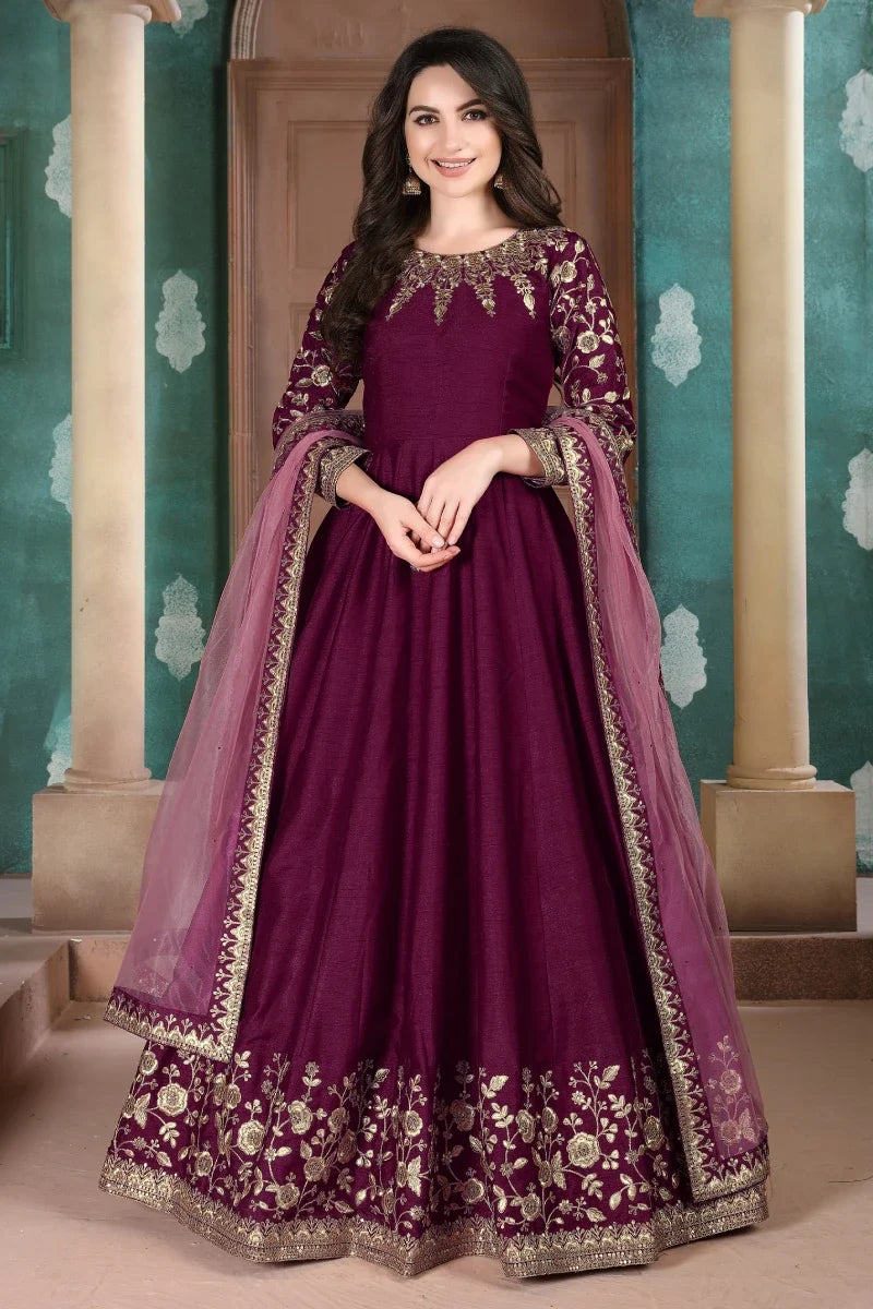 Maroon Art SIlk Emebroidered Anarkali Gown