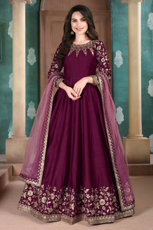 Maroon Art SIlk Emebroidered Anarkali Gown