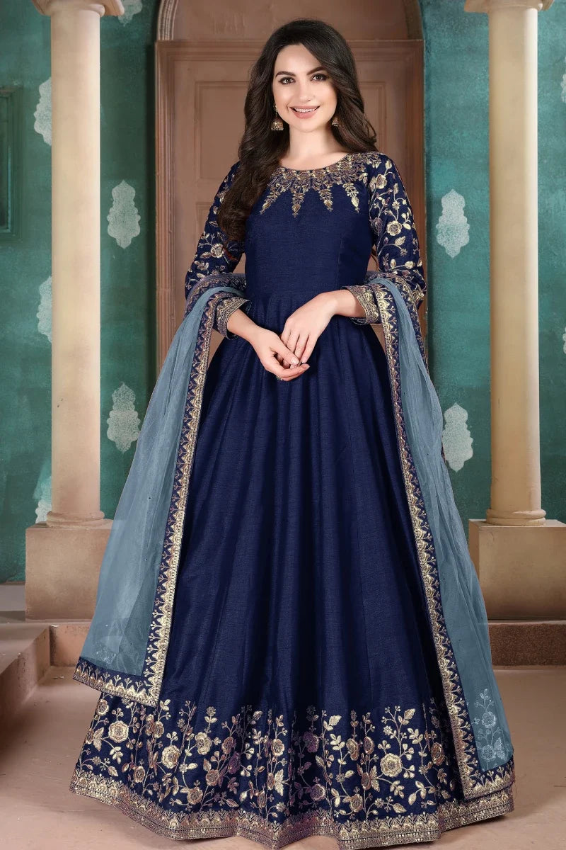 Navy Blue Art SIlk Emebroidered Anarkali Gown