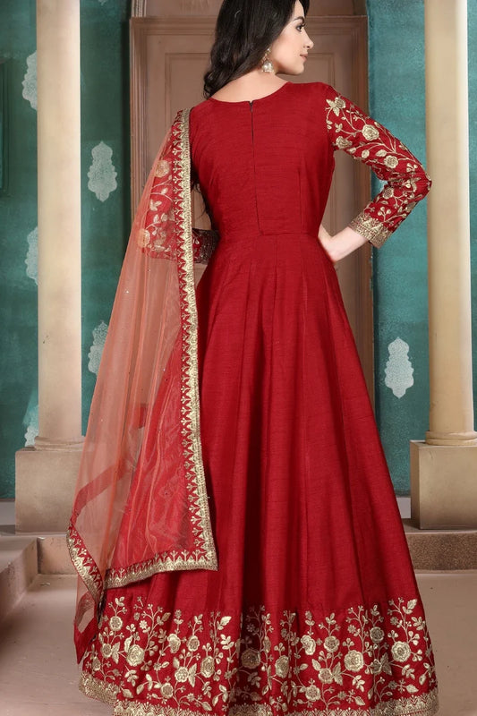 Red Art SIlk Emebroidered Anarkali Gown