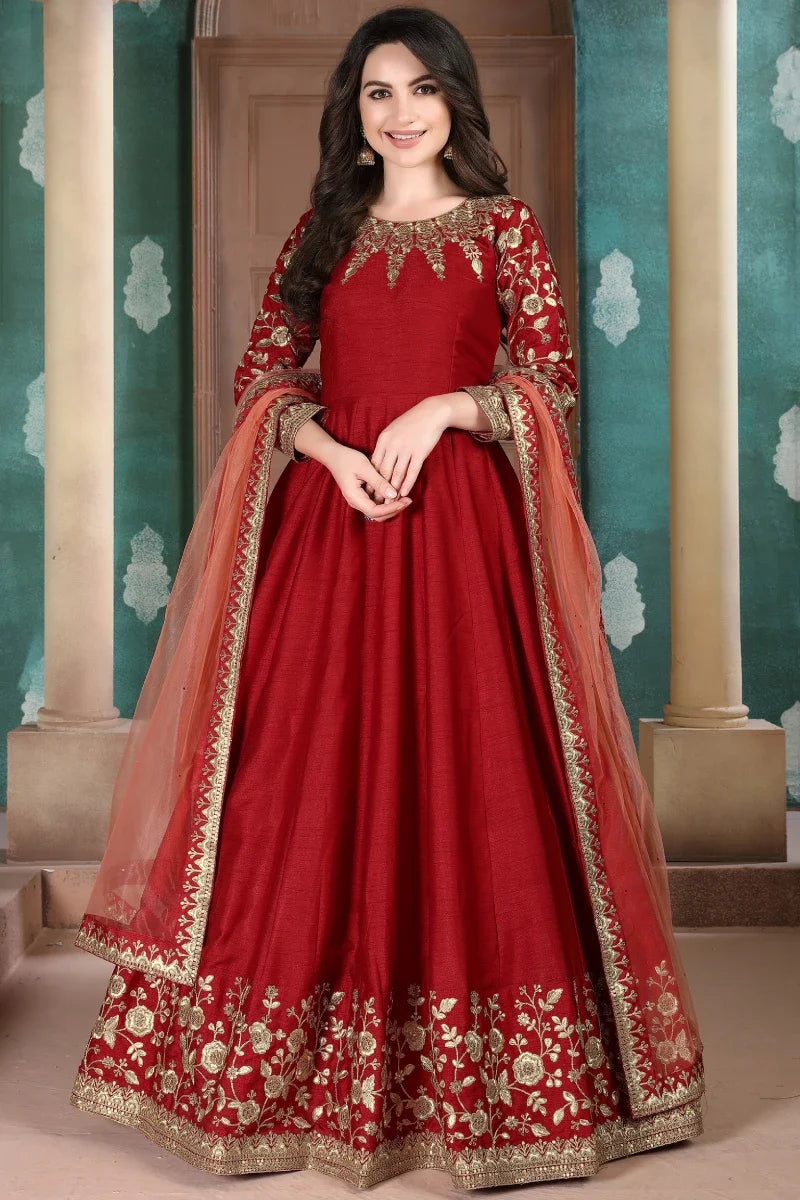 Red Art SIlk Emebroidered Anarkali Gown
