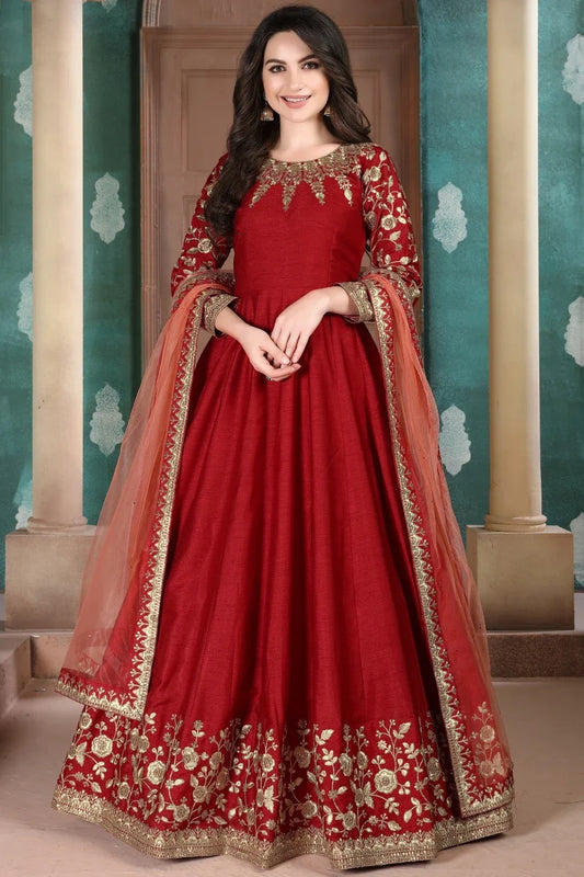 Red Art SIlk Emebroidered Anarkali Gown