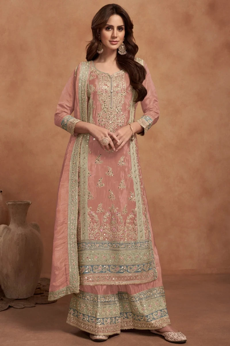 Gajari Peach Art Silk Embroidered Palazzo Suit