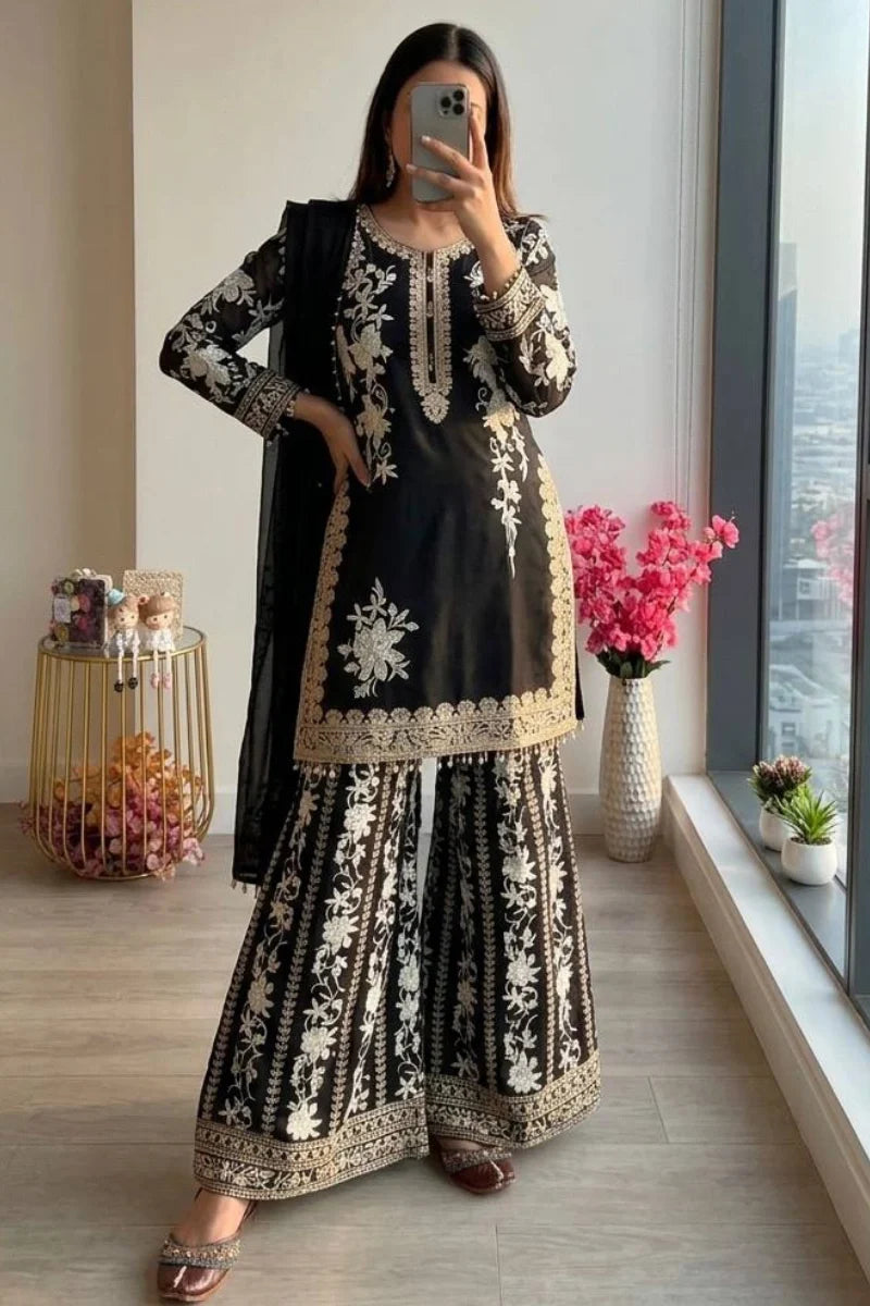 Black Heavy Embroidered Georgette Palazzo Suit