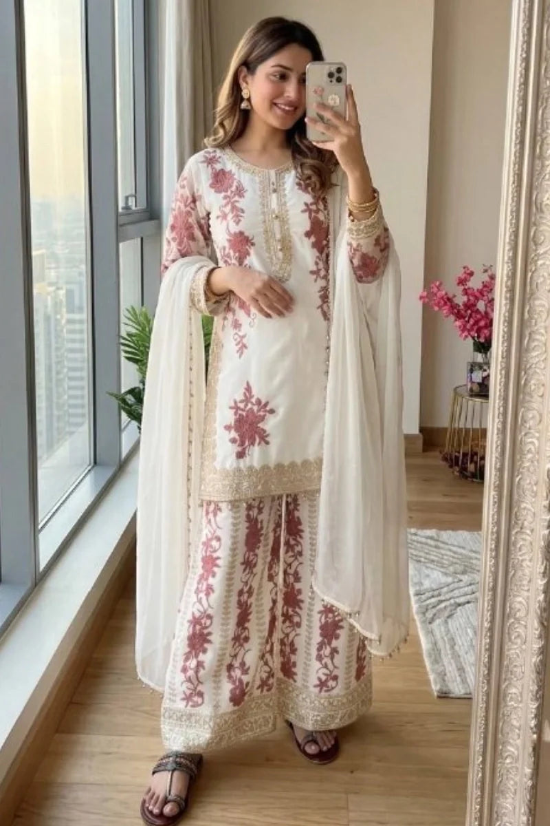 Off White Heavy Embroidered Georgette Palazzo Suit