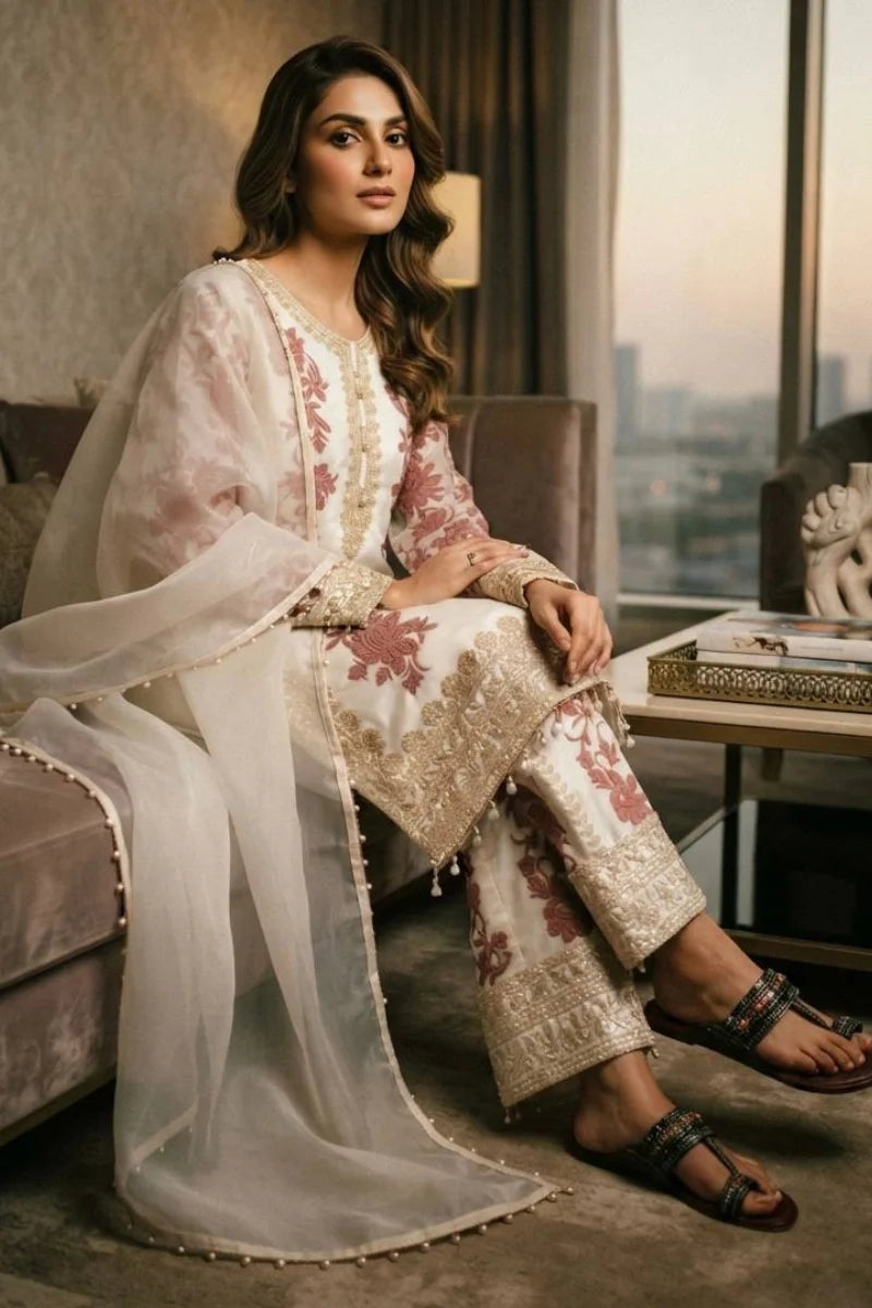 Off White Heavy Embroidered Georgette Palazzo Suit