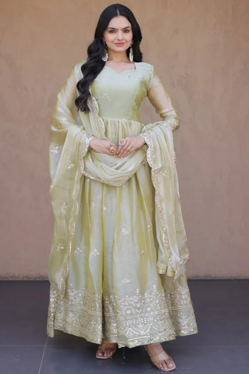 Olive Green Pheny Silk Embroidered Anarkali Gown 