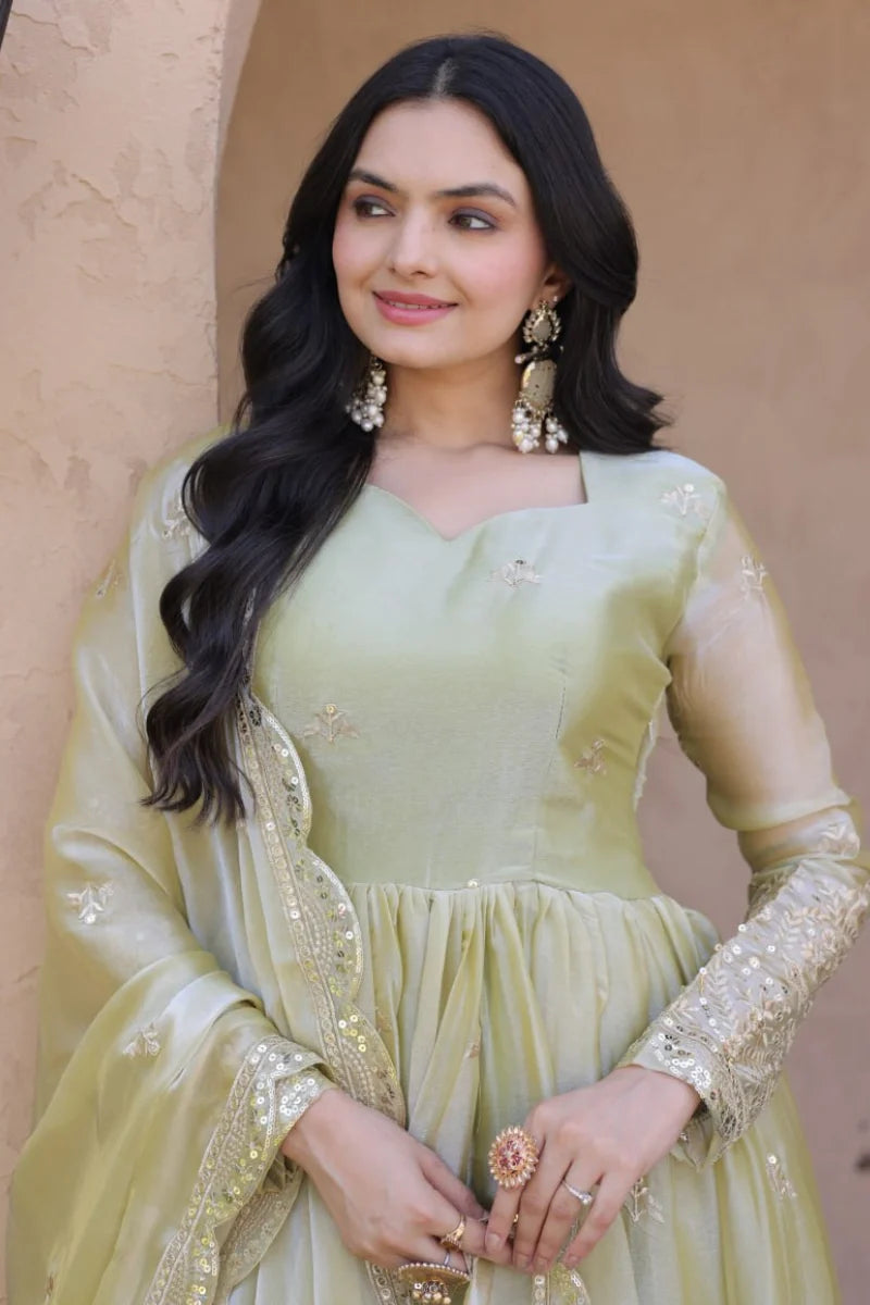 Olive Green Pheny Silk Embroidered Anarkali Gown