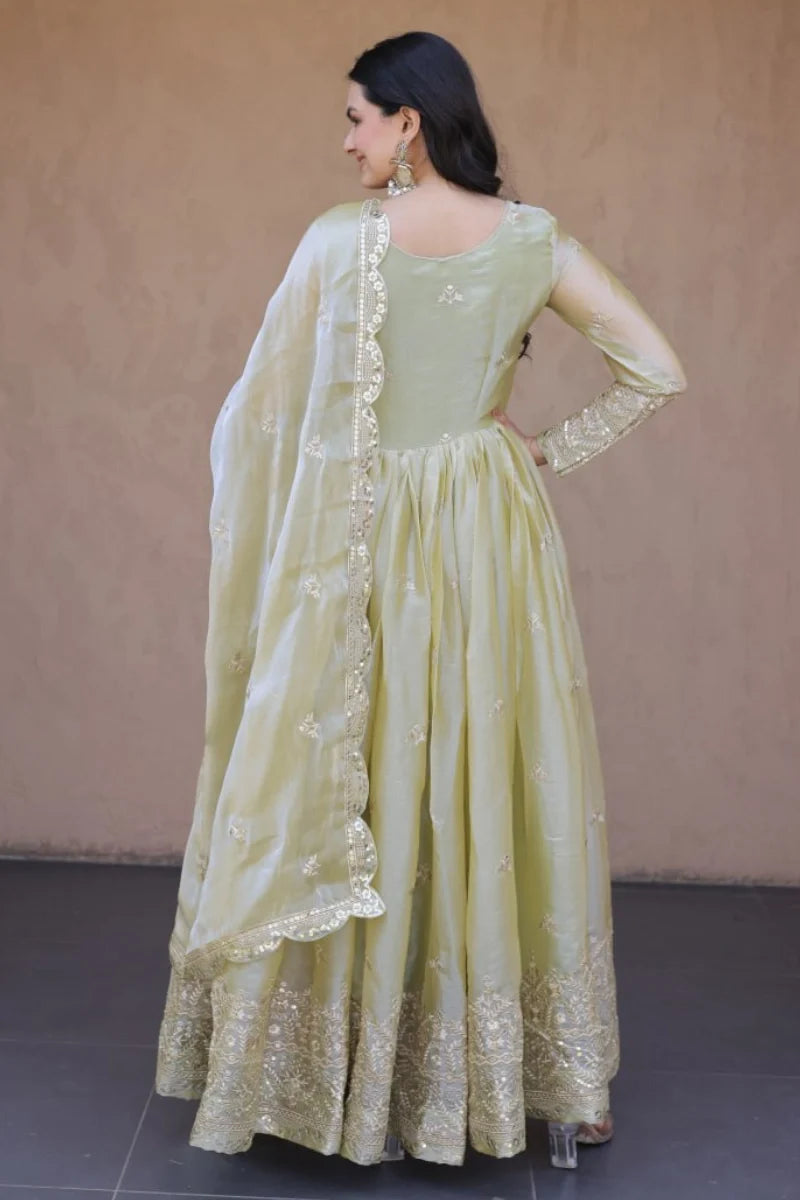 Olive Green Pheny Silk Embroidered Anarkali Gown
