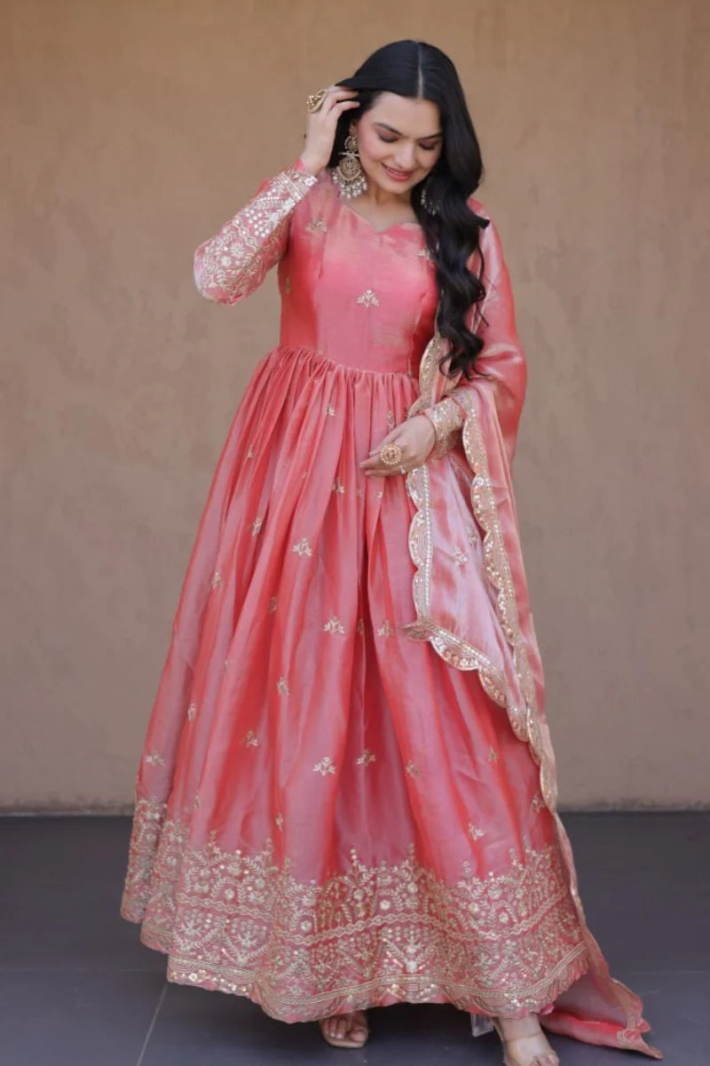 Peach Pheny Silk Embroidered Anarkali Gown 