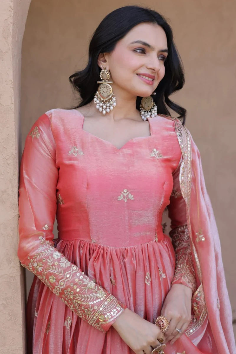 Peach Pheny Silk Embroidered Anarkali Gown