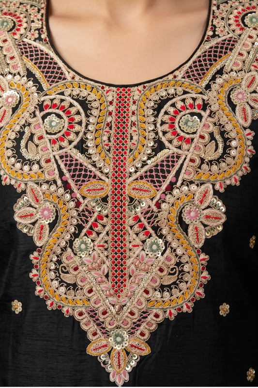 Black Premium Chinon Embroidered & Beads Palazzo Suit