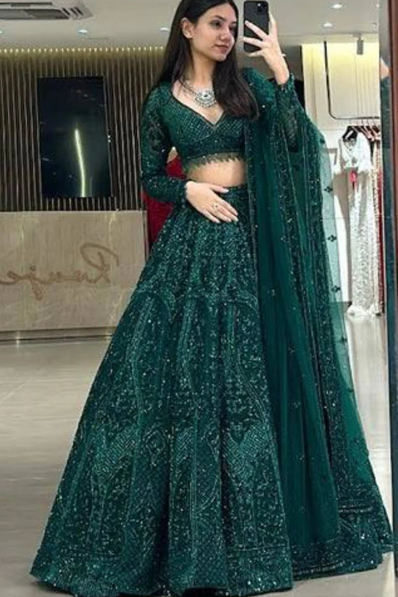 Green Hevay Embroidered Net Lehenga Choli Set