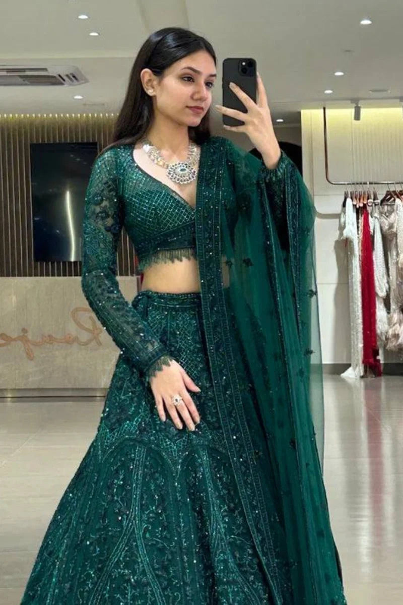 Green Hevay Embroidered Net Lehenga Choli Set