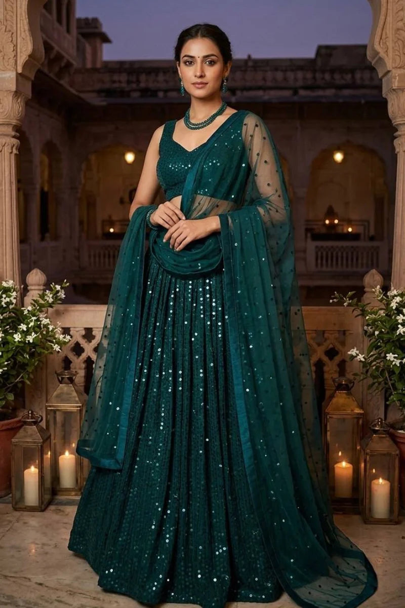 Teal Green Sequins Embroidered Net Lehenga Choli Set
