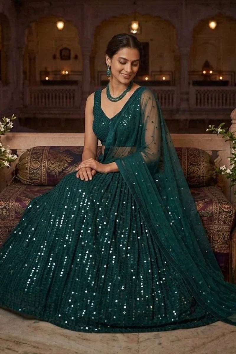 Teal Green Sequins Embroidered Net Lehenga Choli Set