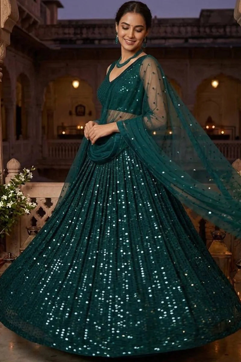 Teal Green Sequins Embroidered Net Lehenga Choli Set