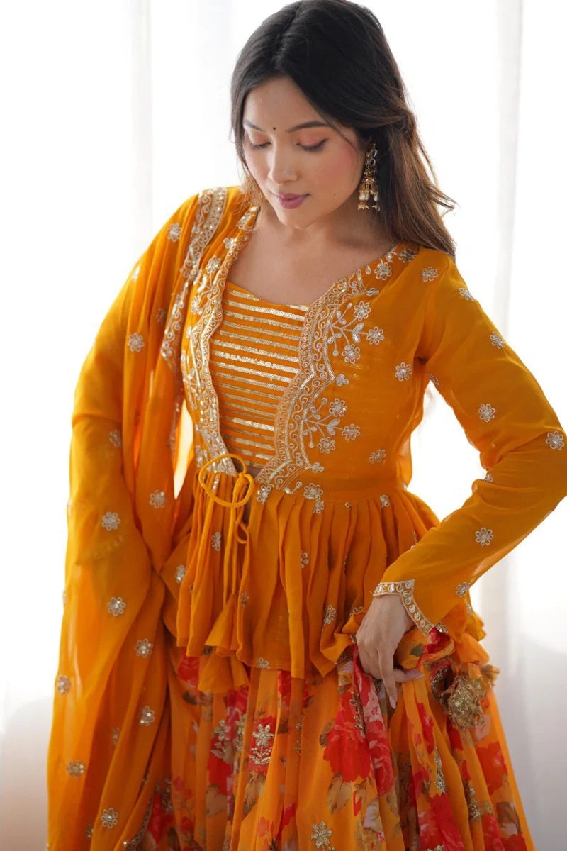 Orange Georgette Embroidered Lehenga Choli with Jacket