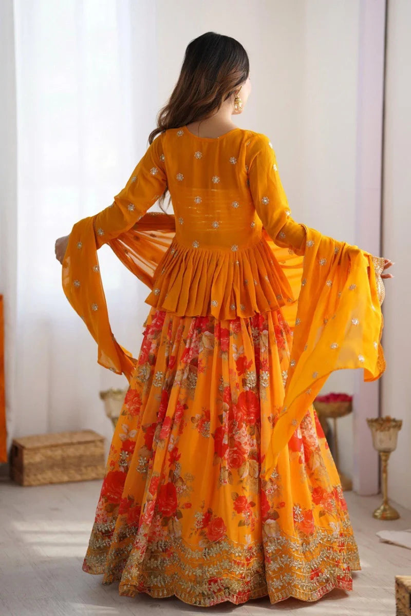 Orange Georgette Embroidered Lehenga Choli with Jacket