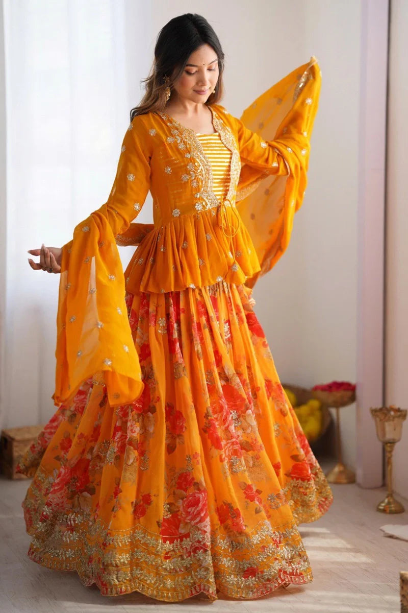 Orange Georgette Embroidered Lehenga Choli with Jacket