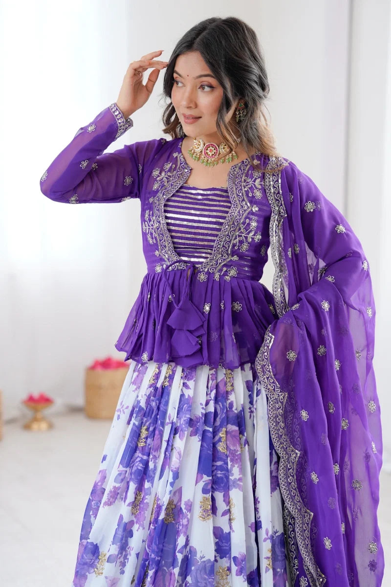 Purple Georgette Embroidered Lehenga Choli with Jacket