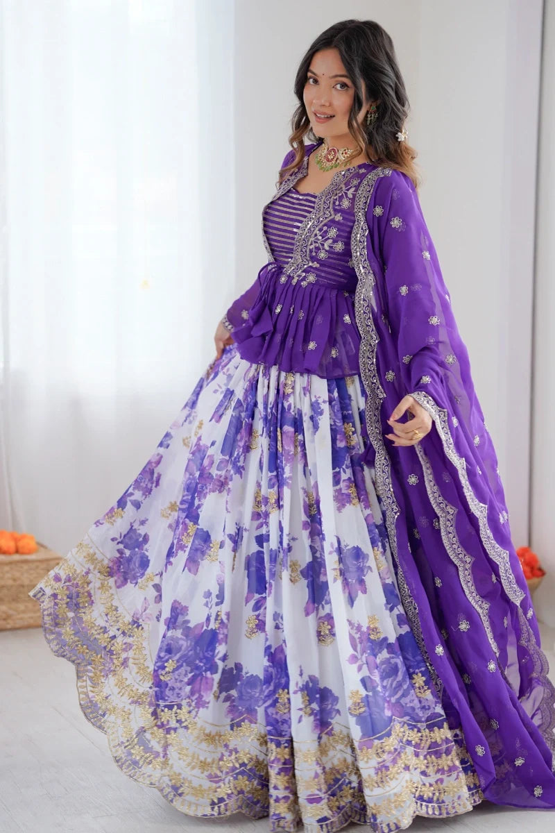 Purple Georgette Embroidered Lehenga Choli with Jacket