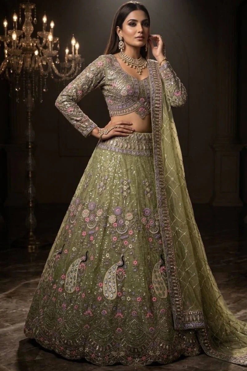 Olive Green Net Peacock Embroidered Lehenga Choli