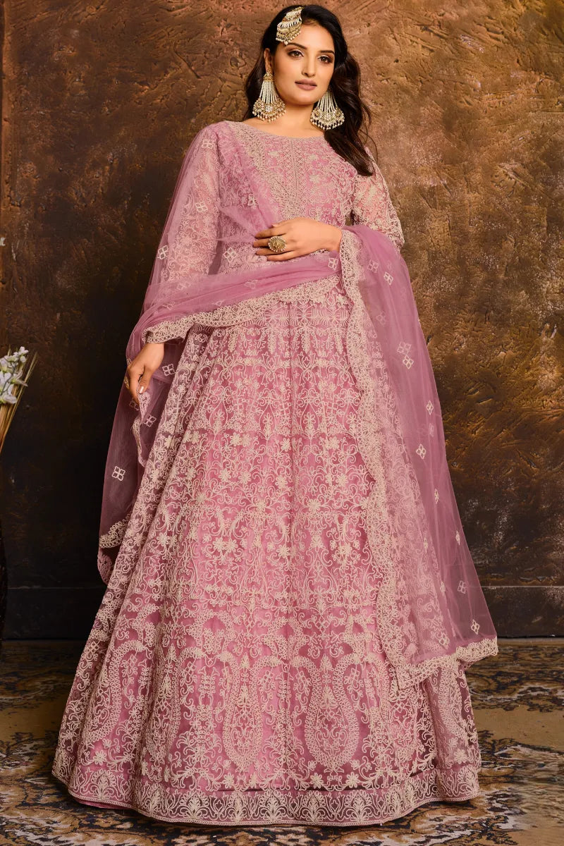 Pink Net Embroidered Anarkali Suit