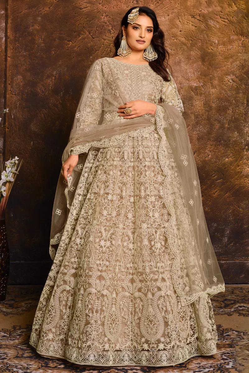 Beige Net Embroidered Anarkali Suit