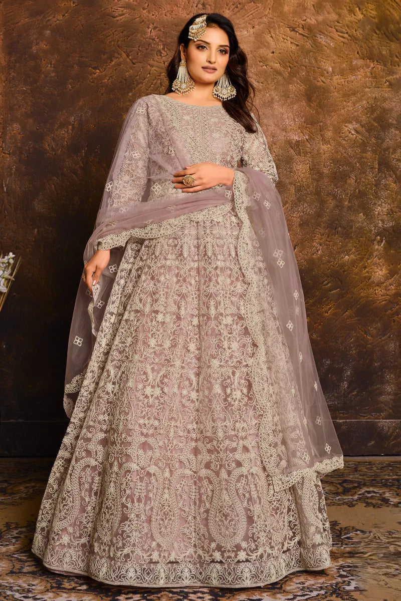 Lavendar Net Embroidered Anarkali Suit