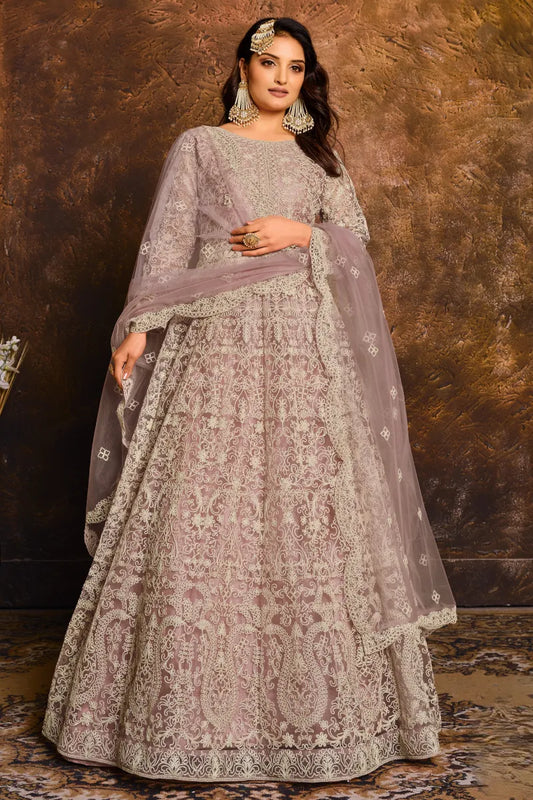 Lavendar Net Embroidered Anarkali Suit